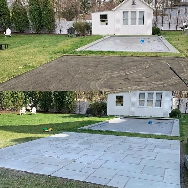 (Top Image): Initial site preparation phase for a Blue Stone Patio Installation showing leveled ground. (Bottom Image): Completed Blue Stone Patio Installation featuring precisely laid geometric stone pavers.